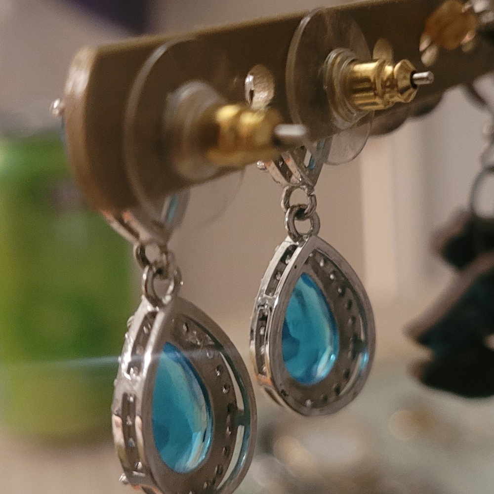 David's Bridal Blue and Silver Drop Earrings - Picture 2 of 5